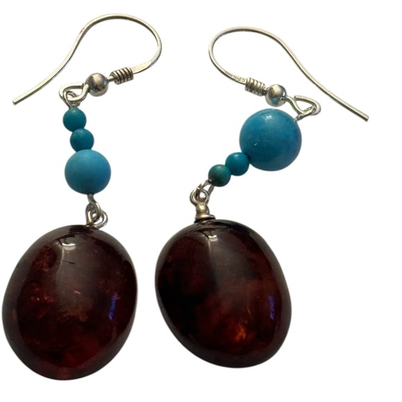 ARTISAN STERLING SILVER BALTIC AMBER TURQUOISE DANGLING EARRINGS - Picture 2 of 3